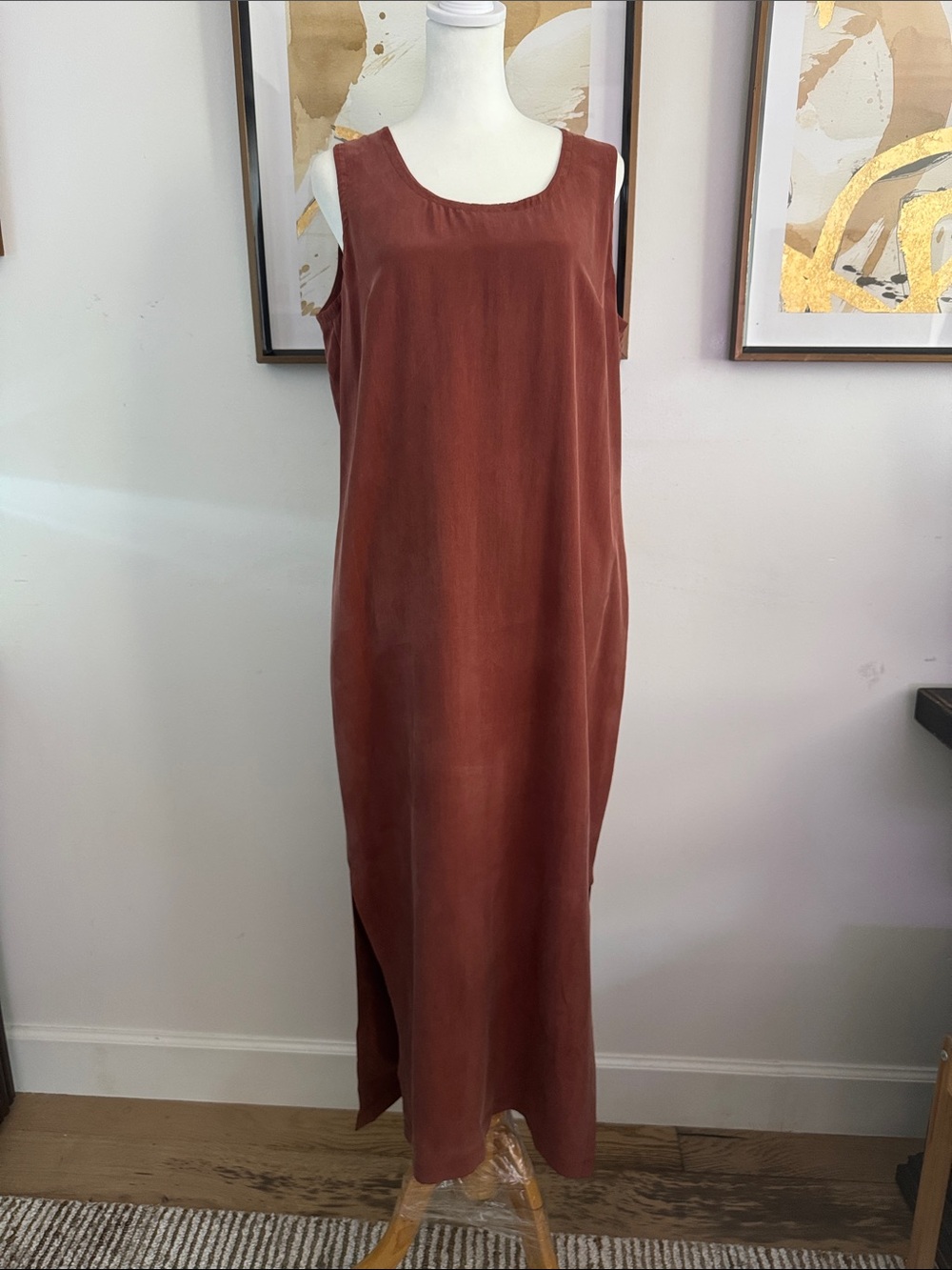 Nancy Heller midi shift dress cinnamon rust terra cotta side slits silk